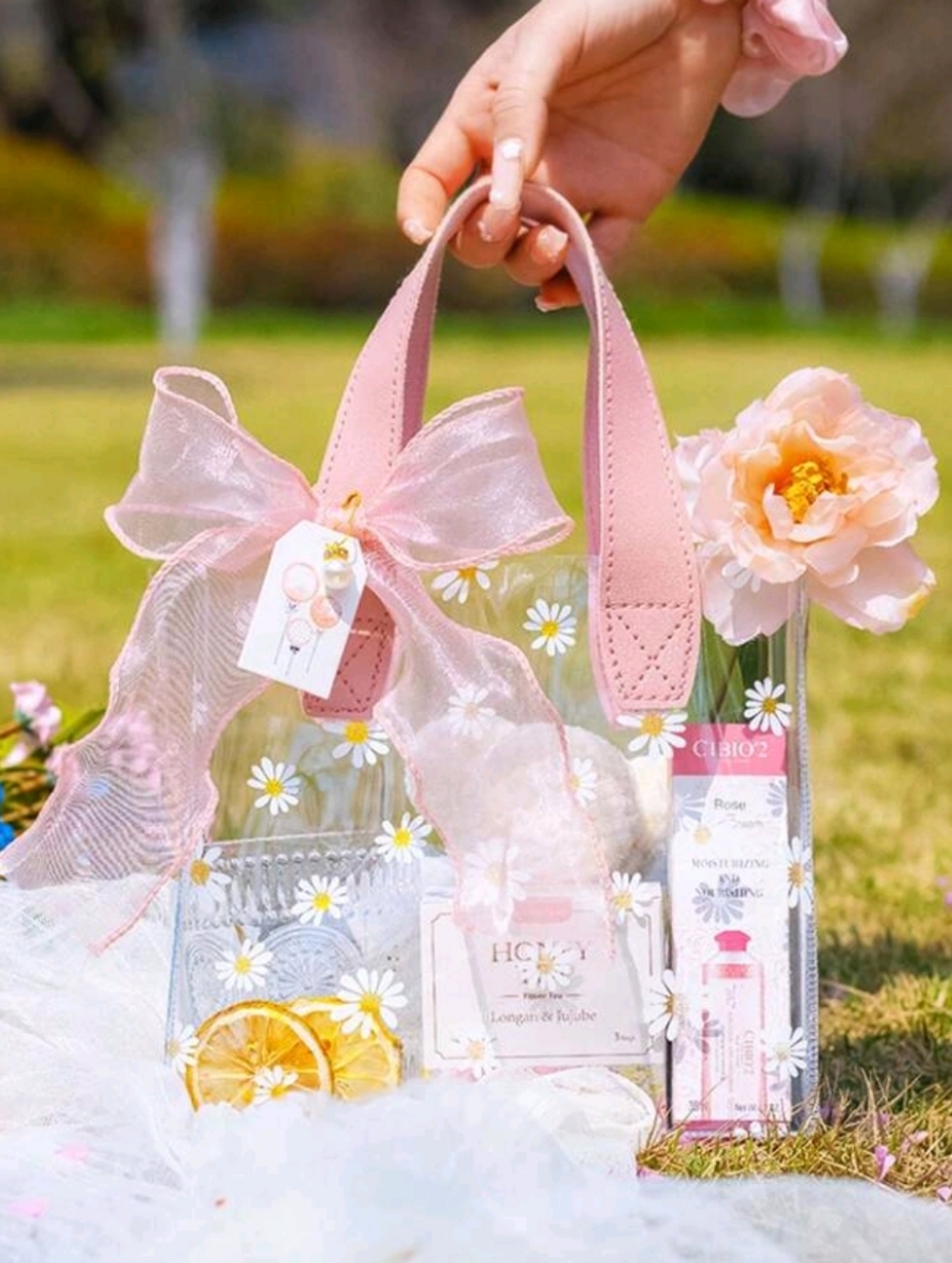 Clear Daisy Tote Pink Handle Sheer Bow Accent Concert Festival Stadium Vinyl Bag